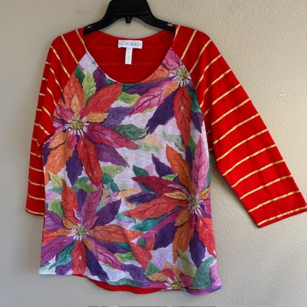 Ellen Negley Art & Sol Women's Red Floral 3/4 Sleeve Blouse Size LG